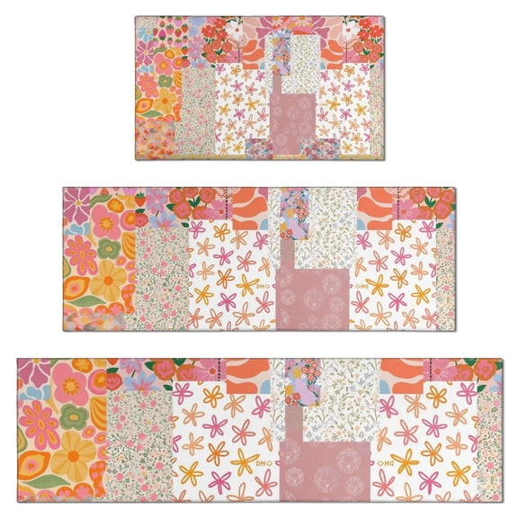 Pioneer Flower Floral Print Pattern Kitchen Rugs Sets Of 3,Kitchen Runner Rugs Non Skid Washable,Decorative Kitchen Floor Mats for Kitchen,Sink,Laundry,17"x30" 17"x47" 17"x59"