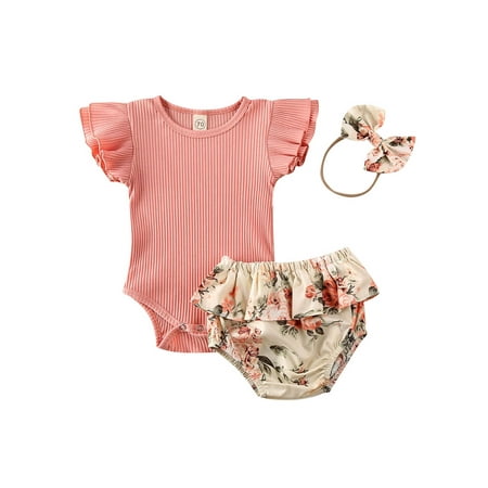 

wybzd 3Pcs Newborn Baby Girl Summer Clothes Ruffle Ribbed Romper Bodysuit Floral Shorts Headband Outfits Pink 6-12 Months