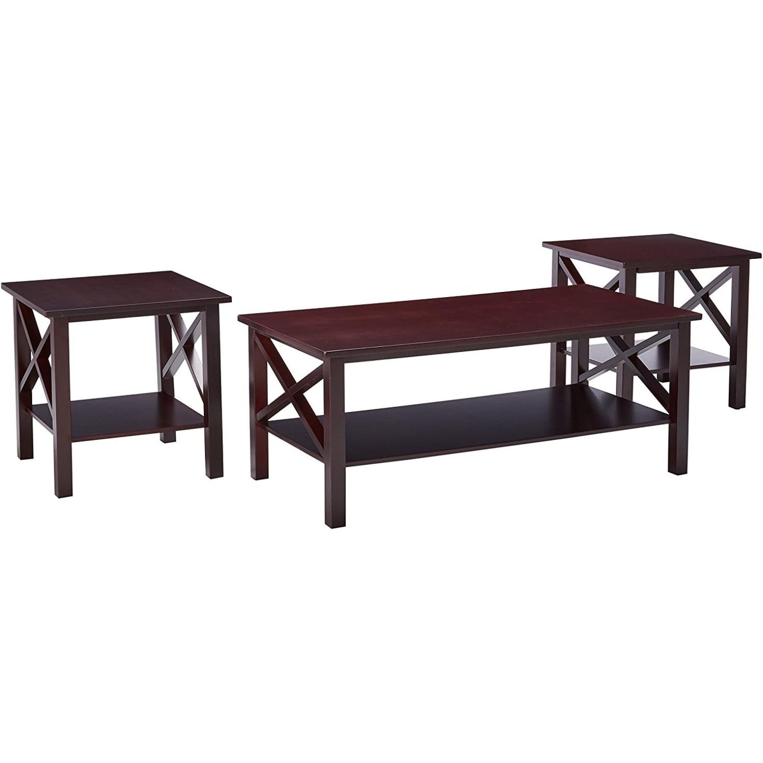 King's Brand 3 Piece Wood X Style Casual Coffee Table & 2 End Tables