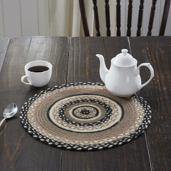 VHC Brands Sawyer Mill Charcoal Creme Table Mat- Pot Holder- Woven Jute Trivet, 15" Round