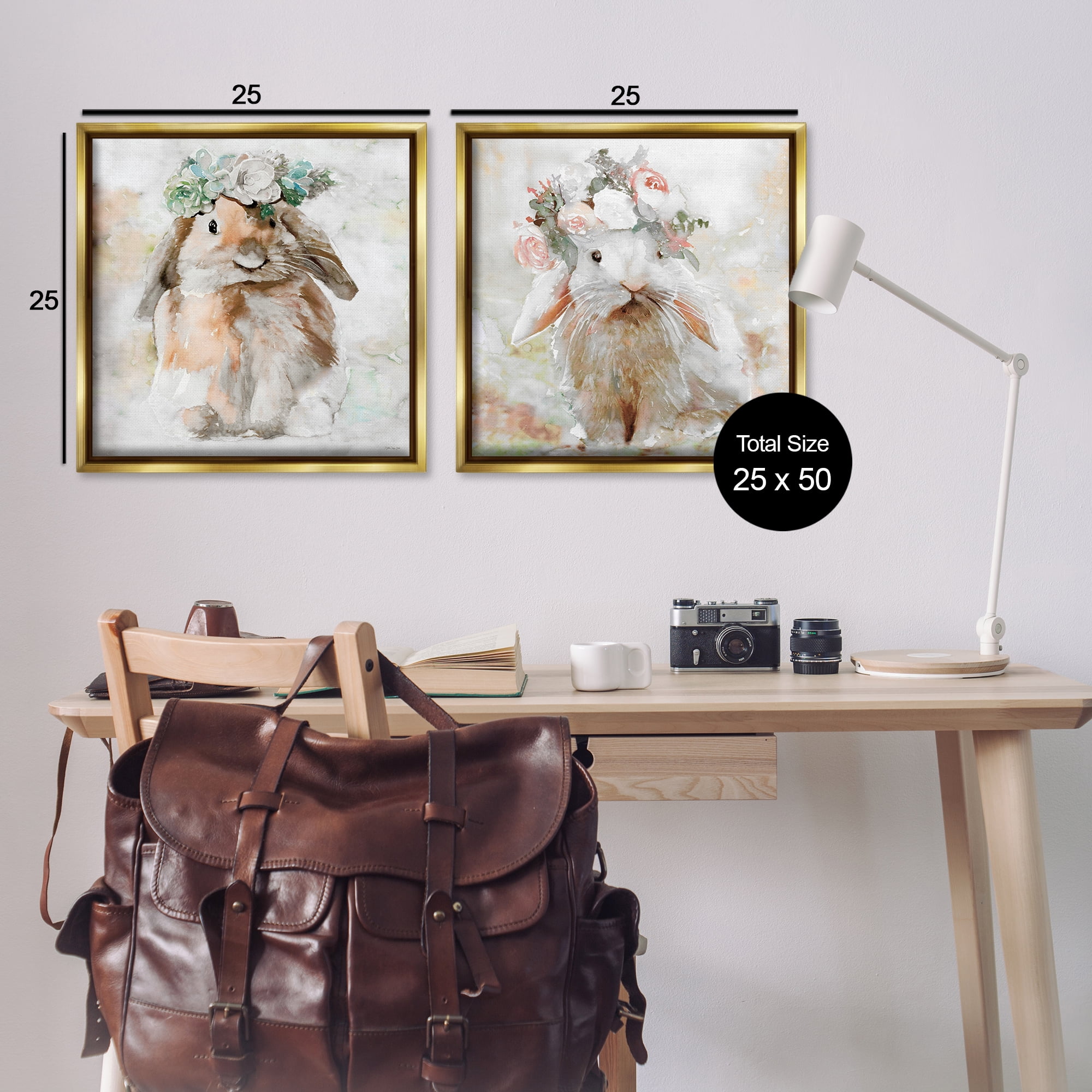 Stupell Industries Soft Spring Floral Bunnies Animals Painting Gold Floater Framed Canvas Art Print Wall Art, 25 x 25, Set of 2