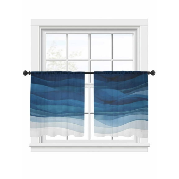 Abstract Ocean Waves Sheer Curtains 45 Inch Long 2 Panels, Blue Gradient Blue Ombre Abstract Light Filtering Rod Pocket Semi Sheer Curtains, Sheer Voile Drapes for Living Room Bedroom, 52"x45"