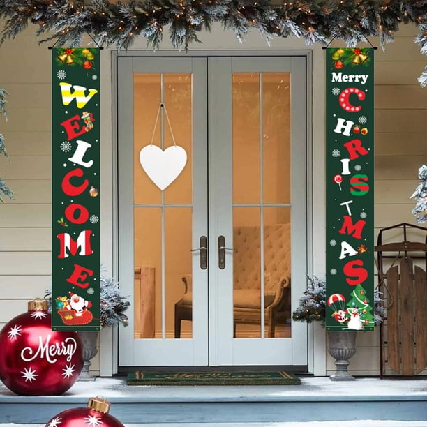Cortina de puerta de pareado navideño - Cubierta de puerta de poliéster en pack de 2 con agujeros colgantes, decoración navideña roja y verde de 30x180 cm para festividades y fiestas de primavera