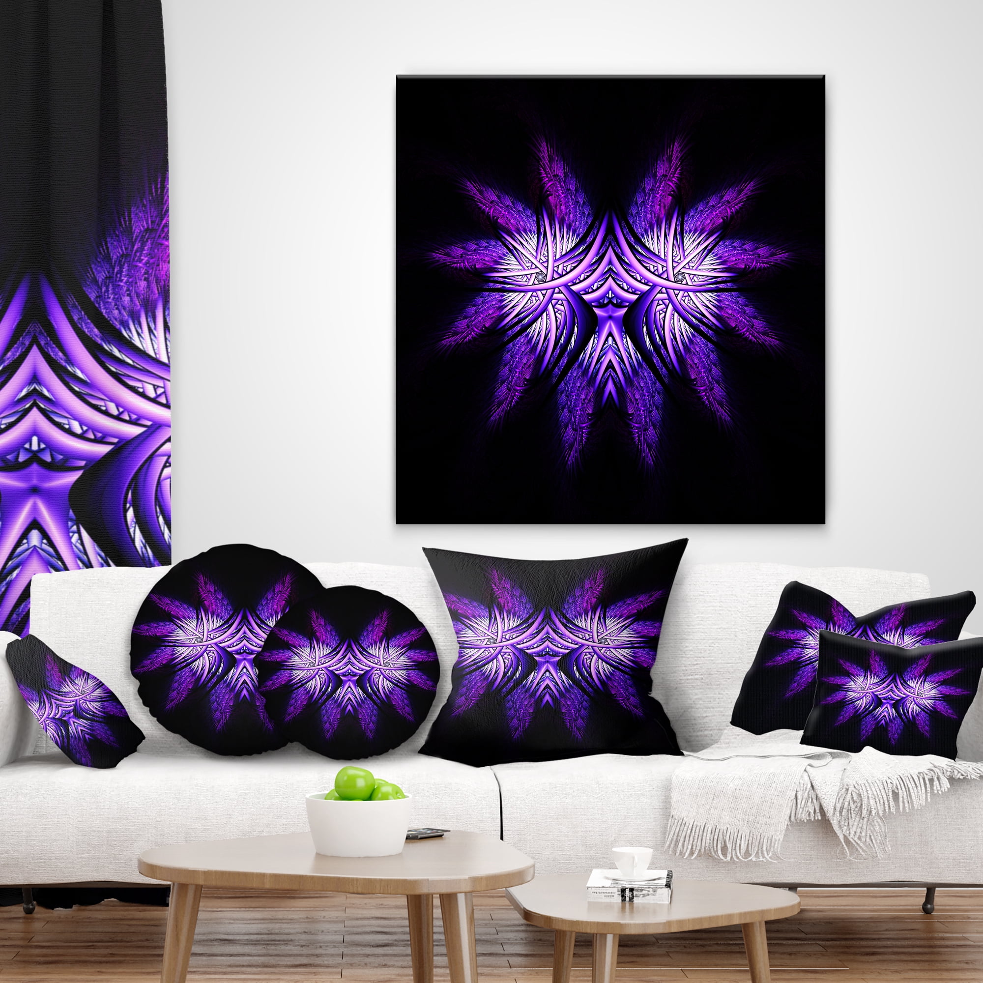 Designart Bright Purple in Black Fractal Flower - Abstract Throw Pillow - 12x20