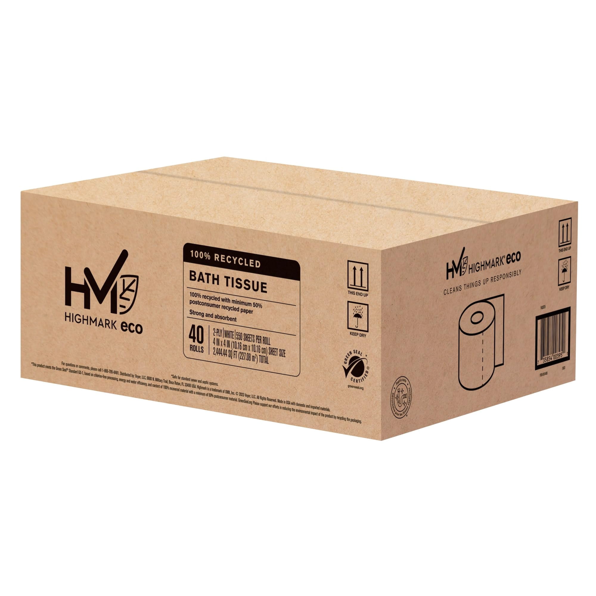 Highmark® 2-Ply Bathroom Tissue, 100% Recycled, White, 550 Sheets Per Roll, Case Of 40 Rolls