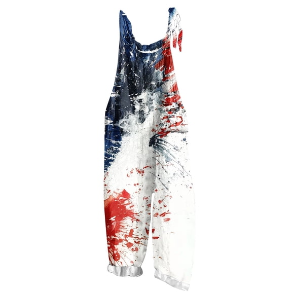Patriotic Rompers for Womens Adjustable Strap Jumpsuits Loose Fit Onesie 4th of July Striped Overalls Long Leg Pant One-Piece Sleeveless Jumpsuit with Pockets Memorial Day Gift