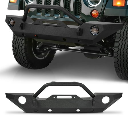 VEVOR Front Bumper Compatible with 2007-2018 Wrangler JK/JKU - with Winch Plate, D-Ring Mounts & Fog Light Housing, Heavy-Duty Steel Front Bumper with E-Coating