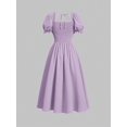 thumbnail image 2 of Mauve Purple Lace-Up Front Puff Sleeve Square Neck Midi Dress, 2 of 4