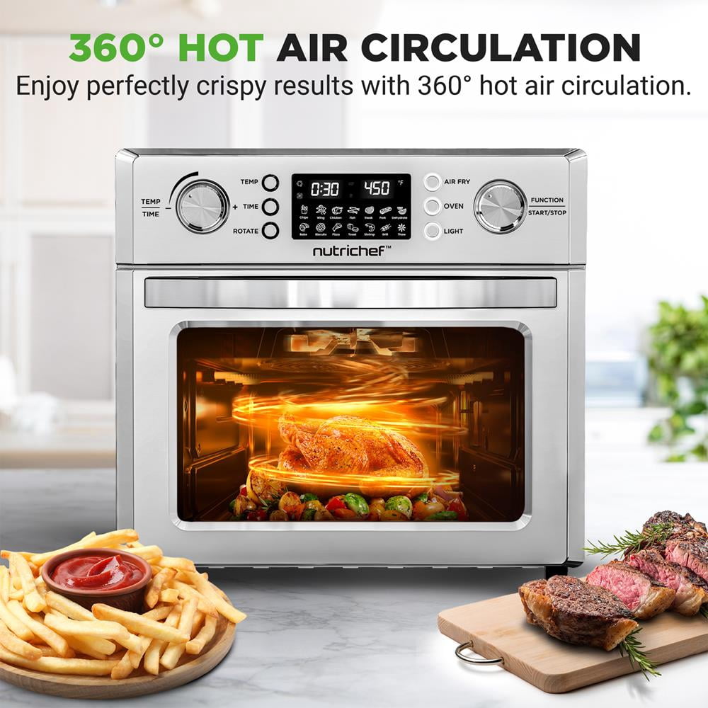 NutriChef 26L Electric Air Fryer Oven, 1700W Countertop Rotisserie & 360° Air Fryer with 10 Presets, Drip Tray, Fry Basket & Bake Rack, 15x16x14, Stainless Steel