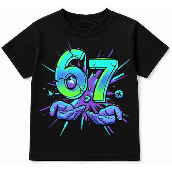 Kids 67 Meme T-Shirt – Cracked Neon 67 with Blue Hands Explosion Youth Tee (XS–XL)