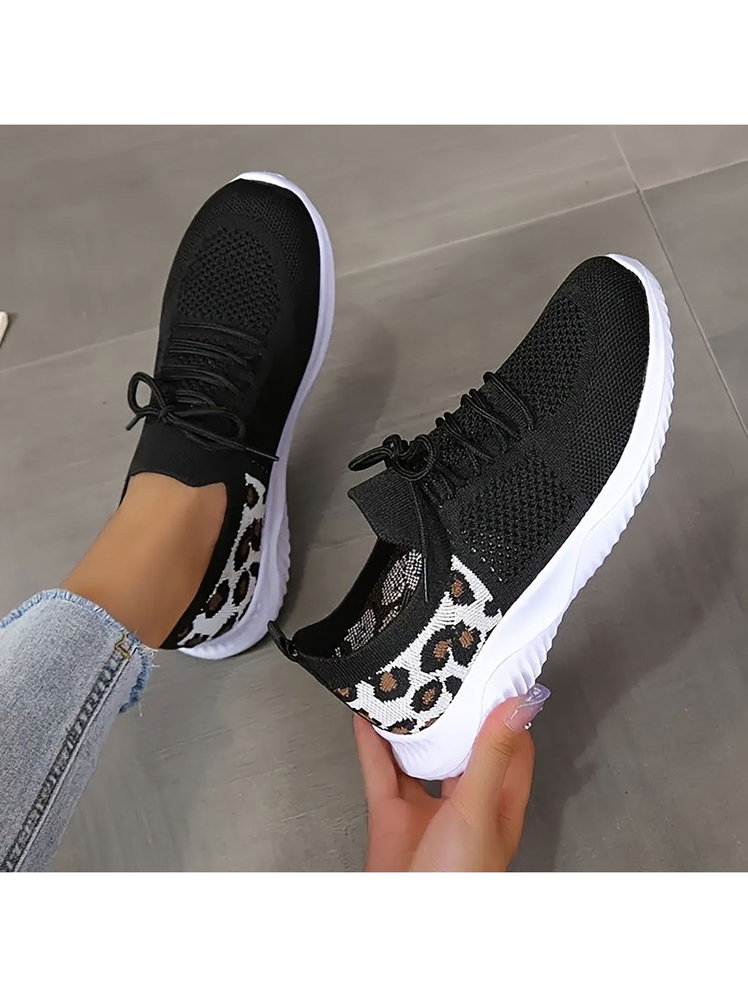 Ladies Running Shoe Lace Up Athletic Shoes Mesh Sneakers Non-Slip Leopard Print Flats Gym Trainers Black 8 -