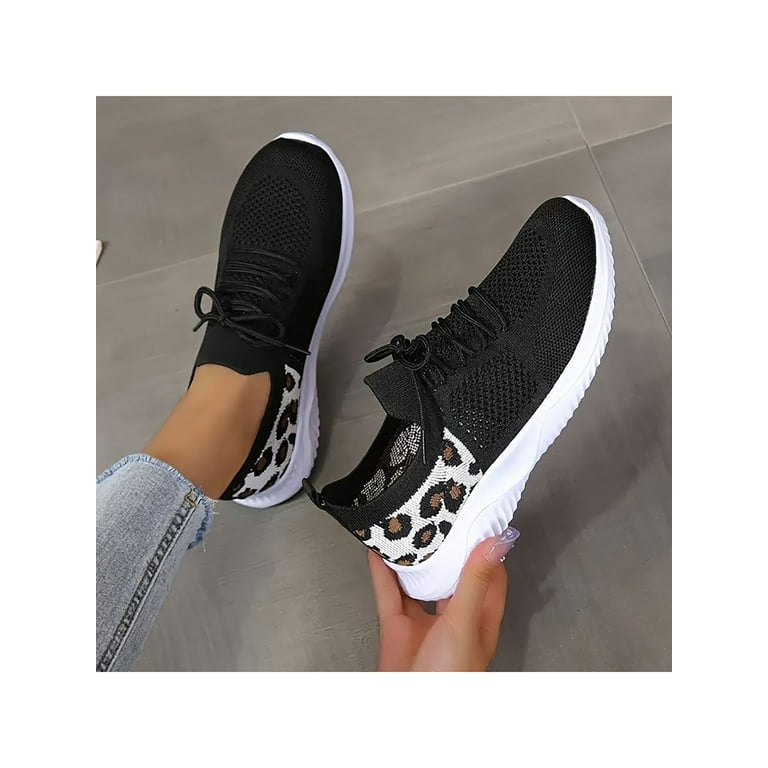 Gomelly Womens Sneakers Up Running Shoes Leopard Print Athletic Walking Shoes Black 9 Walmart.com