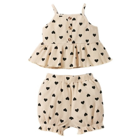 

Baby Girl Clothes Toddler Girls Summer Outfits Heart Print Sleeveless Suspender Top Shorts Set Apricot 18-24 Months