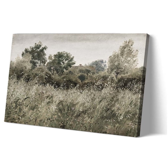 Framed Canvas Wall Art Vintage Country Field Landscape Wildflower Muted Meadow Oil Painting, Antique Wall Art Decor Dining Room Prints for Bedroom