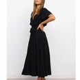 thumbnail image 4 of Fesfesfes Spring Dresses for Women Casual Solid Color V-neck Boho Dress Waist Lace-up Flared Short Sleeve Ruffle Splicing Part Dress, 4 of 6