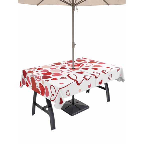Outdoor Tablecloth with Umbrella Hole and Zipper, Red Valentine's Day Rectangle Table Cloth 60x84 Inch Waterproof Tablecloth, Love Heart Modern Art Watercolor Picnic Table Cover for Patio Camping