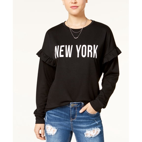 Pretty Rebellious Juniors Ruffled New York Graphic Sweatshirt Black S
