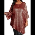 thumbnail image 2 of Blusa Holgada con Cuello Redondo y Mangas de Puntos, Dobladillo Irregular, Talla Grande 2025 para Mujer Rojo Púrpura XXXL, 2 of 8