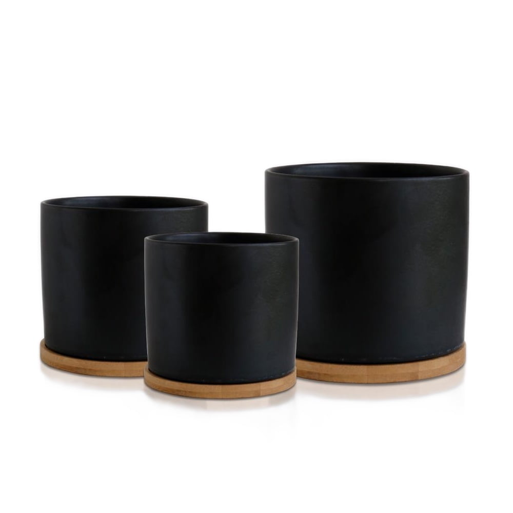 Matt Black Set 3 Ceramic Plant Pots with Bamboo Coasters Indoor