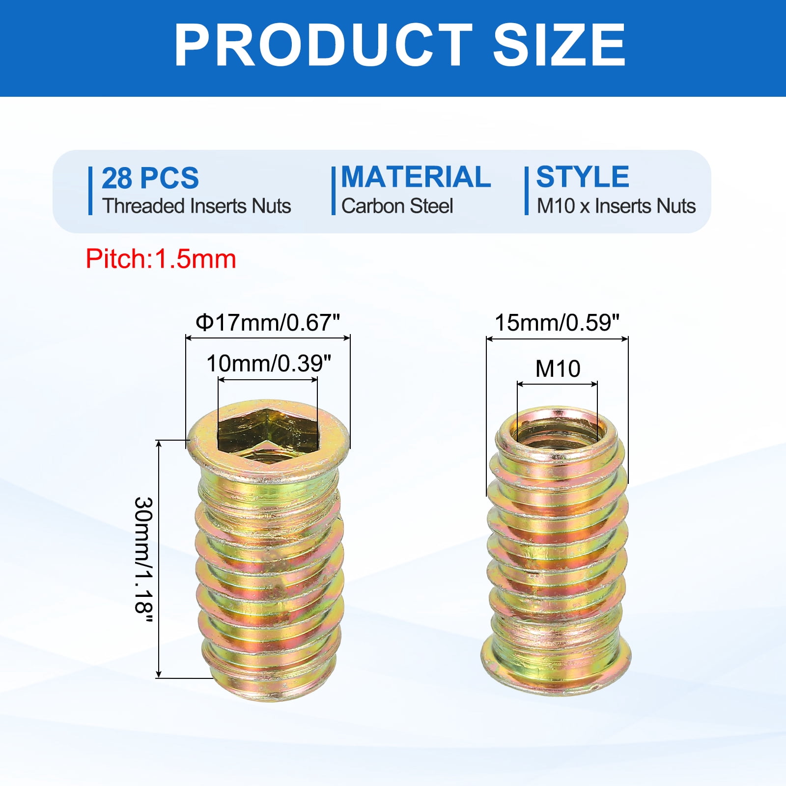 28Pcs Threaded Inserts Nuts, M10x30mm Hex Socket Drive Nut Inserts for Wood