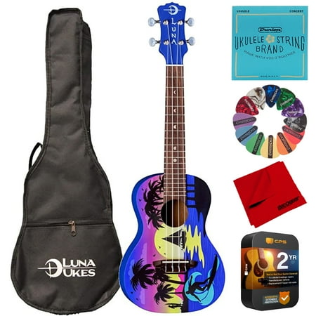 Luna UKE KAUWELA C Kauwela Summer Concert Ukulele with Satin Graphic Finish with Gigbag Bundle with Replacement Strings, Pick, Microfiber Cleaning Cloth and Premium 2 YR CPS Enhanced Protection Pack