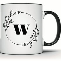 Floral Wreath Initial W Mug - Alphabet Coffee Mug - Custom Tea Mug - Name Mug Gift for Her - 11 Ounce Black Rim Handle Novelty Coffee Cup - WMUG0399-Black Rim