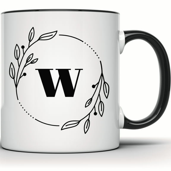 Floral Wreath Initial W Mug - Alphabet Coffee Mug - Custom Tea Mug - Name Mug Gift for Her - 11 Ounce Black Rim Handle Novelty Coffee Cup - WMUG0399-Black Rim