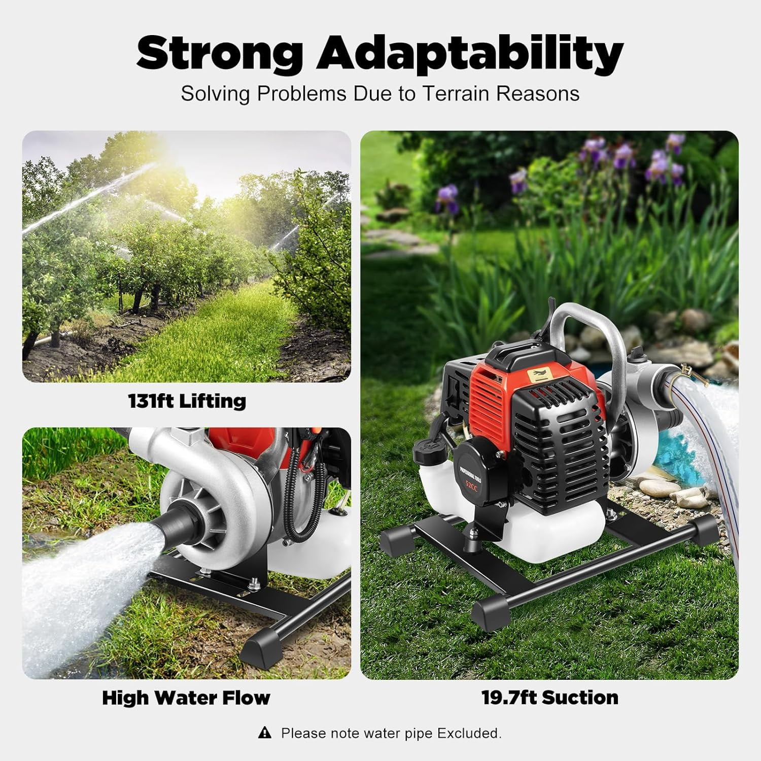 Miumaeov 2.3HP 2 Stroke Gas Gasoline Water Pump,1.5" Inch Petrol Water Transfer High Pressure Pump, 52CC Trash Pump 8500RPM Air Cooling Single-cylinder for Irrigation Pool