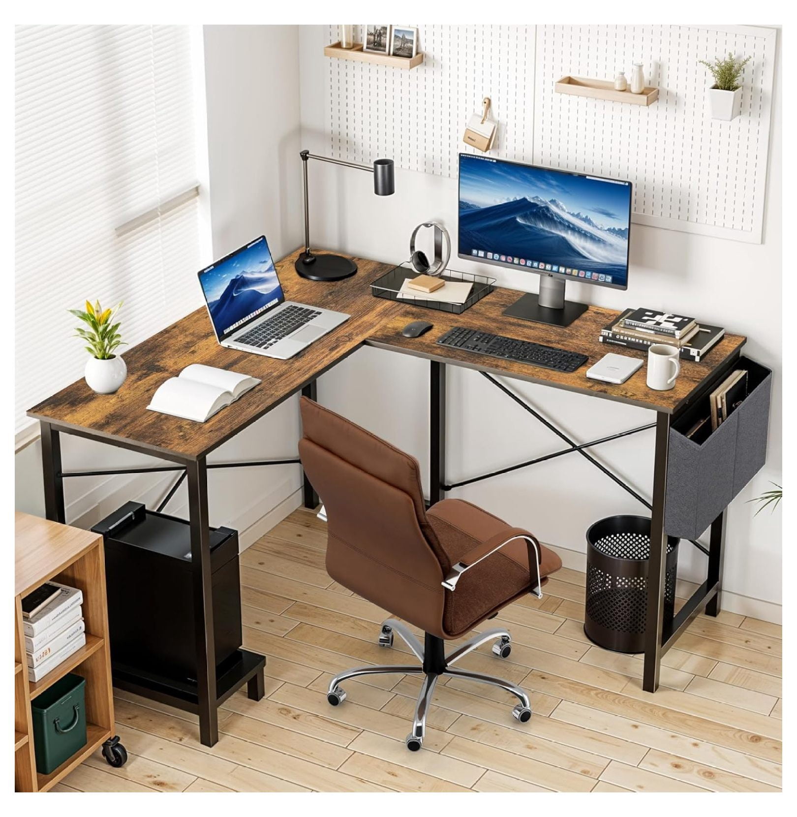 50 Inches L Shaped Home Office Computer Desk Reversible Corner Table PC with Wood Metal Frame CPU Stand Side Bag for Gaming, Working and Studying, Rustic