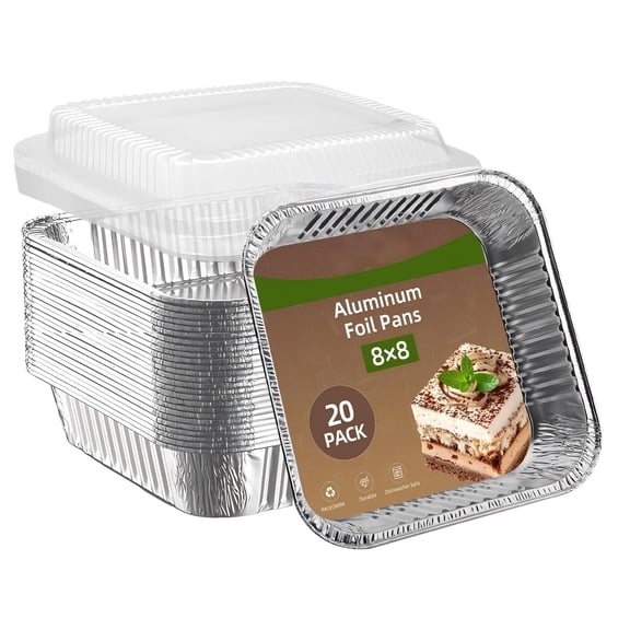 8x8 Aluminum Foil Baking Pans with Lids, 20 Pack Disposable Square Cake Pans, Heavy Duty Foil Trays for Baking, Cooking, Roasting, Meal Prep & Food Storage (6.5" Bottom)