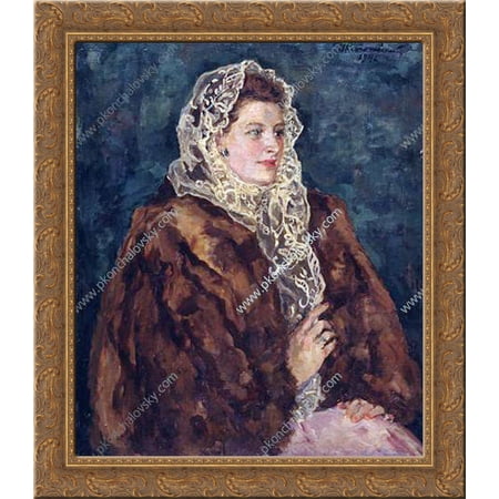 Portrait of Angelina Borisovna Kemenova 24x20 Gold Ornate Wood Framed Canvas Art by Pyotr Konchalovsky