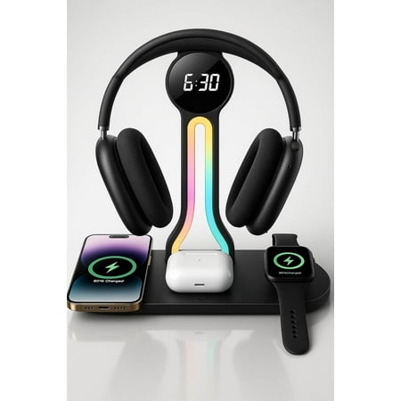 Wireless Charging Station with Headphone Stand, Dual USB Ports, Fast Charger for Phone/A-irPods/A-pple Watch, RGB Light, LED Alarm Clock