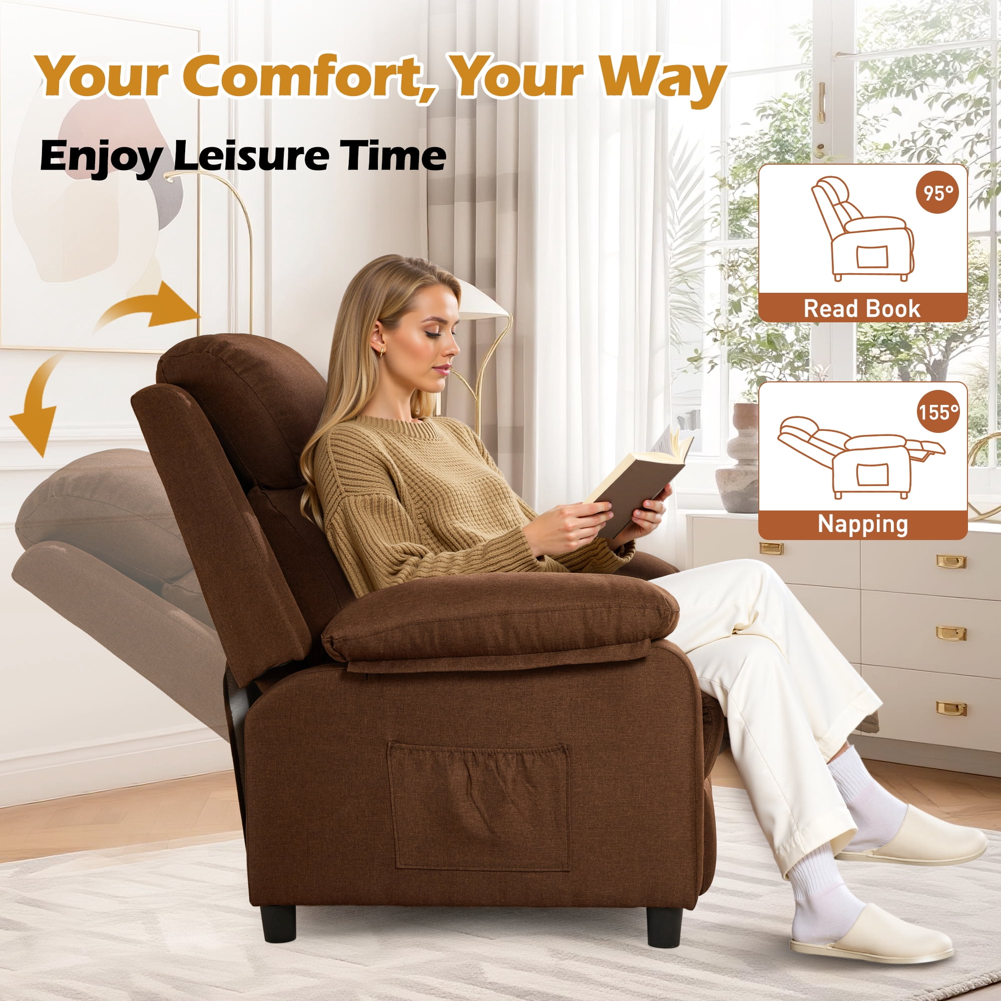 Korser Manual Push Back Recliner Chair with Side Pockets,Recliner Chairs for Adults for Living Room,Small Recliners for Small Spaces,Linen,Brown