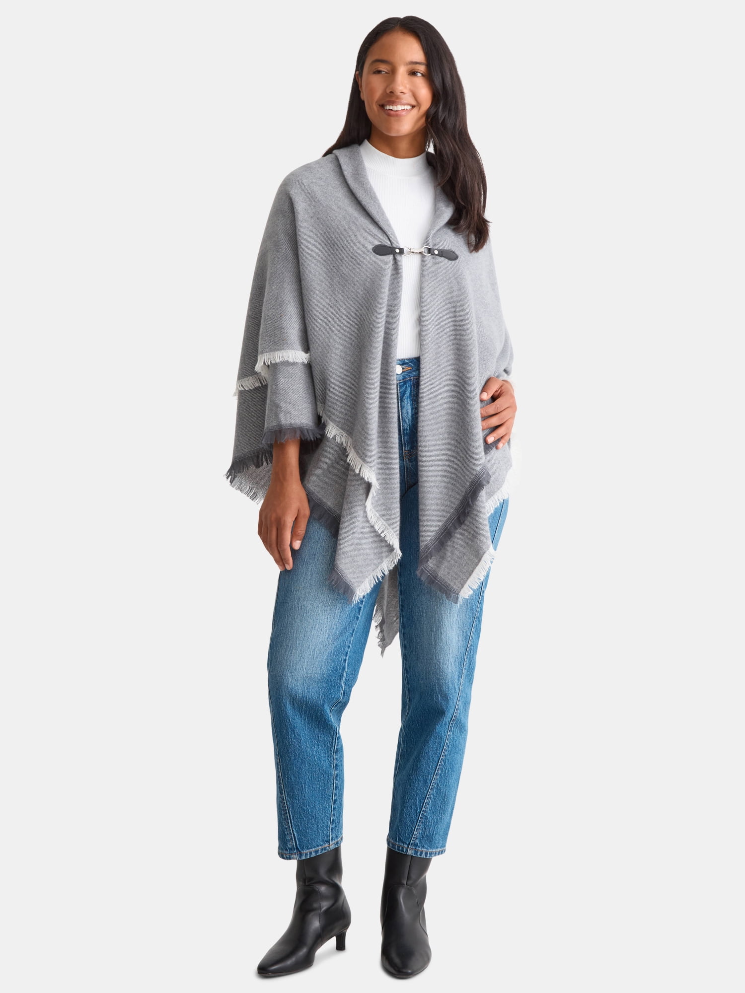 Time and Tru Women's Solid Toggle Poncho, Medium Heather Grey, Sizes S/M-L/XL