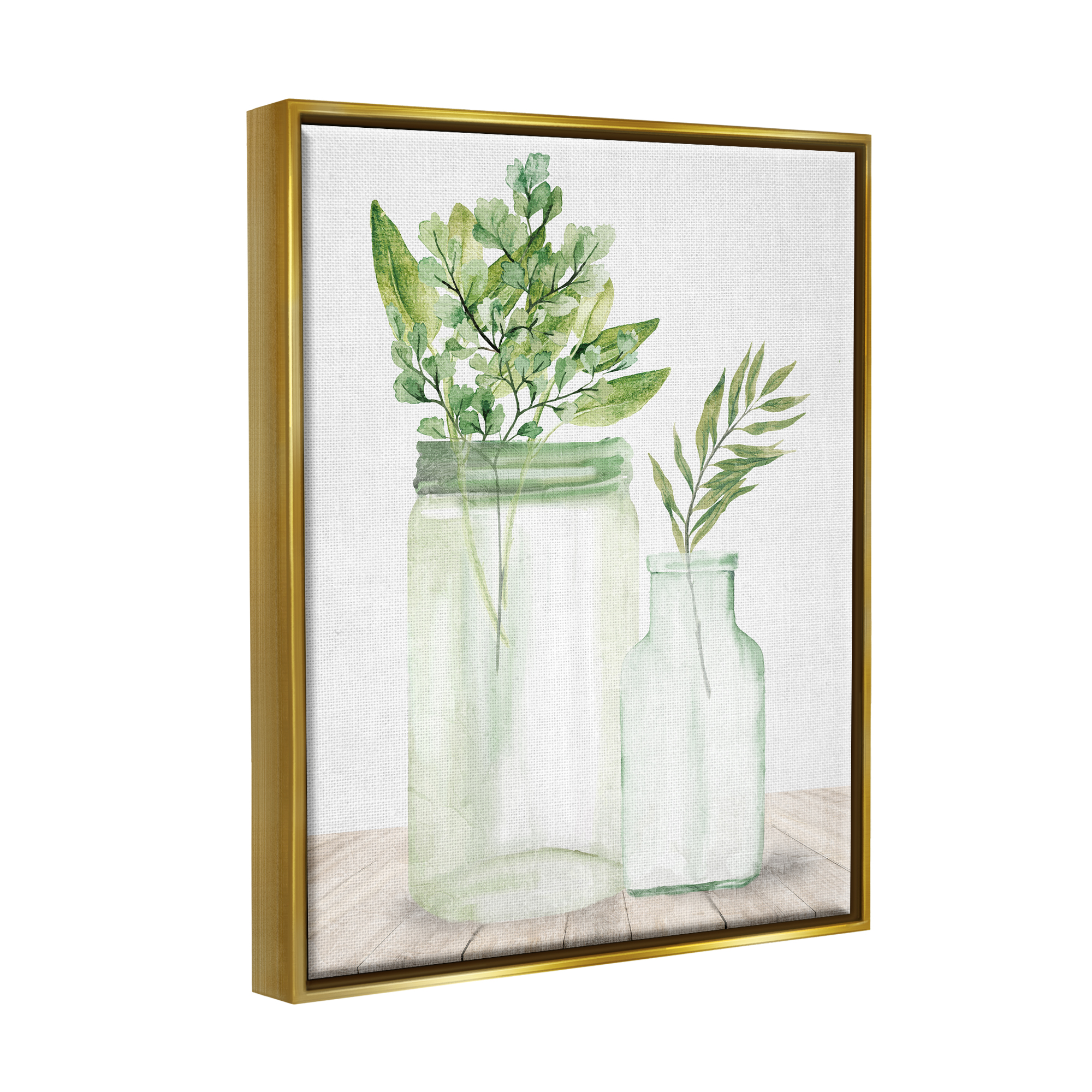 Stupell Industries Country Plant Leaves Rustic Glass Jars Arrangement Graphic Art Metallic Gold Floating Framed Canvas Print Wall Art, Design by Kim Allen