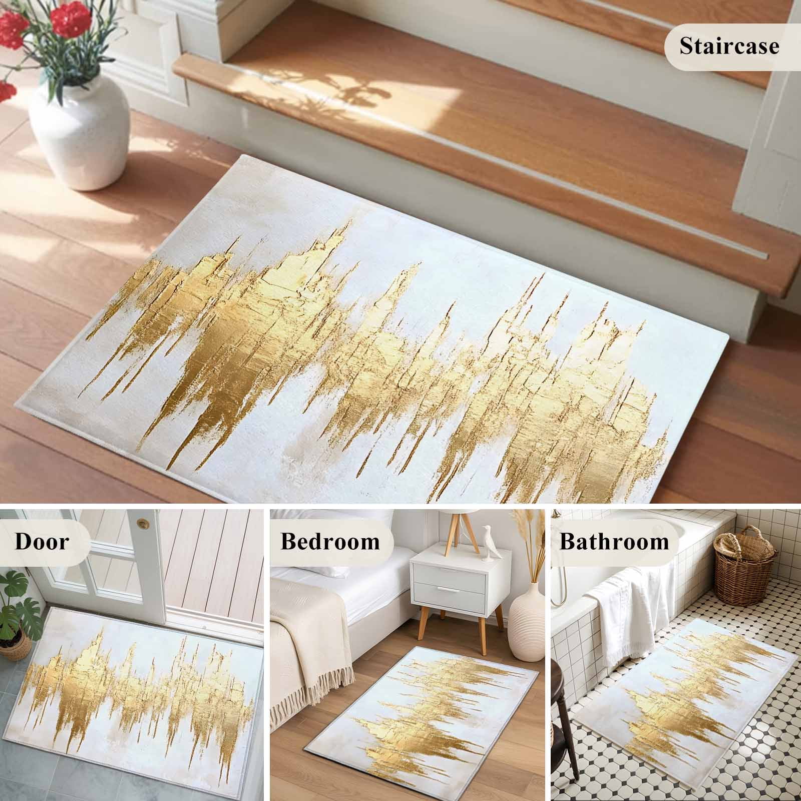 Entrance Runner Rug 2'x3', Abstract Gold Non-slip Doormat for Indoor Outdoor Entrance, Modern Minimalist Art White Gray Ripple Throw Floor Mat for Front Door/Living Room/Bedroom/Bathroom/Kitchen