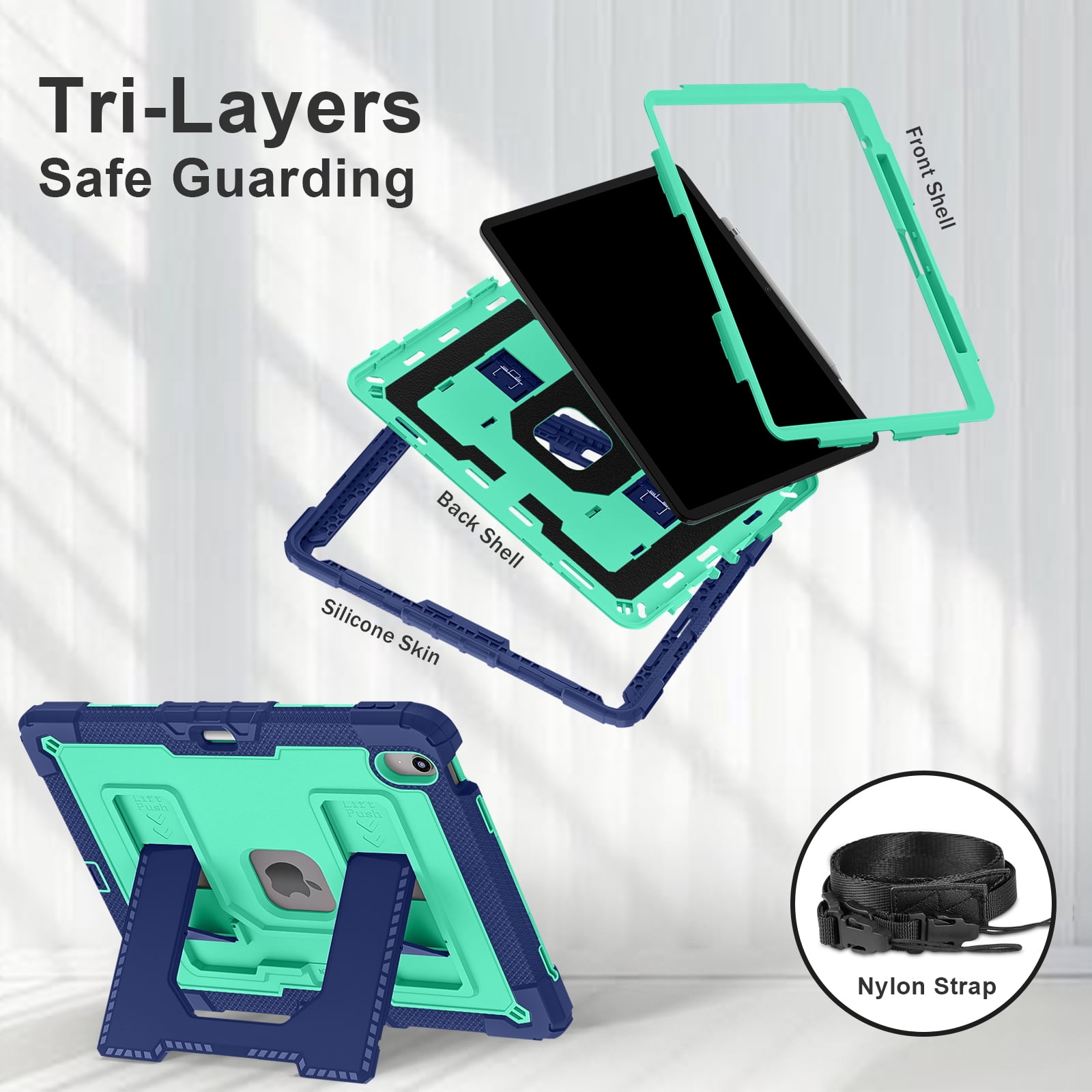 Rugged Case for Apple iPad Air 13 Inch M4 M3 M2 2026/2025/2024, Heavy Duty Tablet Case with Kickstand, Pencil Holder & Detachable Shoulder Strap, Black+Green
