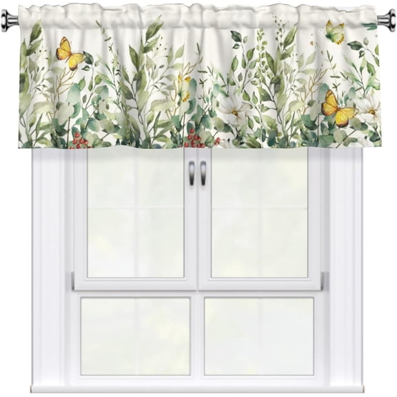 Eucalyptus Leaves Valances for Window, Kitchen Window Curtain Sage Green, Floral Leaf Decorations Valance for Living Room Laundry Bathroom 54x18 inch with 3 inch Rod Pocket