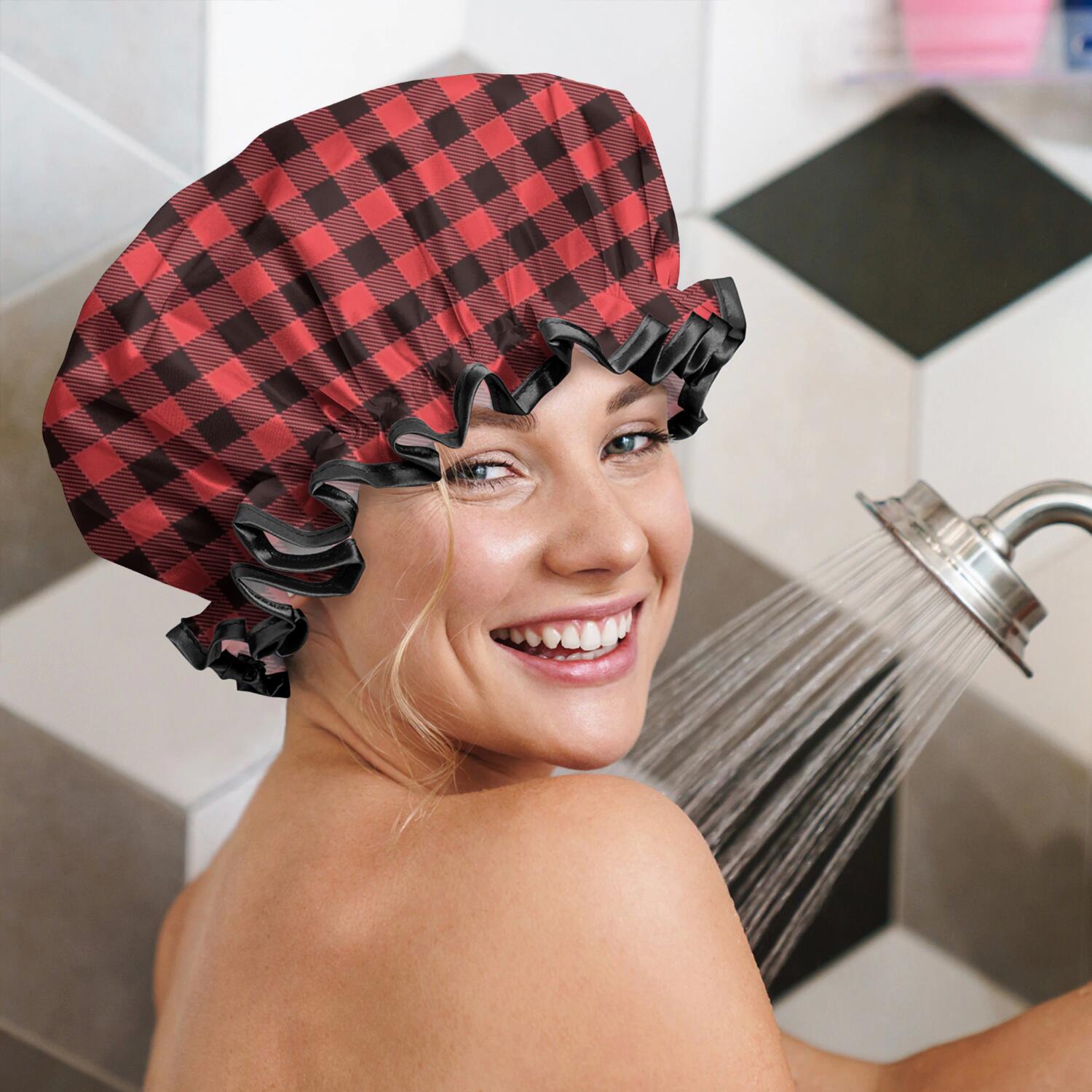Shower Caps,Red and White Checkered Pattern Waterproof Shower Cap for Women 4 Pieces,Double Reusable Hair Cover for Shower PEVA Elastic Stretch Hem