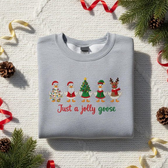 Embroidered Christmas Goose Sweatshirt, Santa Duck Holiday Crewneck, Xmas Tree Lights Shirt, Funny Ugly Sweater