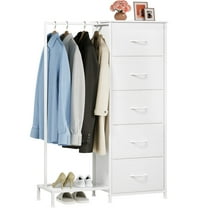 Eunos White Nightstand with 5 Fabric Drawers and Hanging Rack for Bedroom Living Room