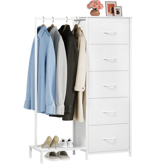 Eunos White Nightstand with 5 Fabric Drawers and Hanging Rack for Bedroom Living Room