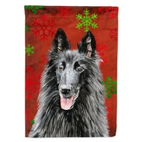 Belgian Sheepdog Red and Green Snowflakes Holiday Christmas Garden Flag