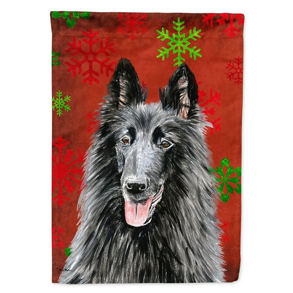 Belgian Sheepdog Red and Green Snowflakes Holiday Christmas Garden Flag
