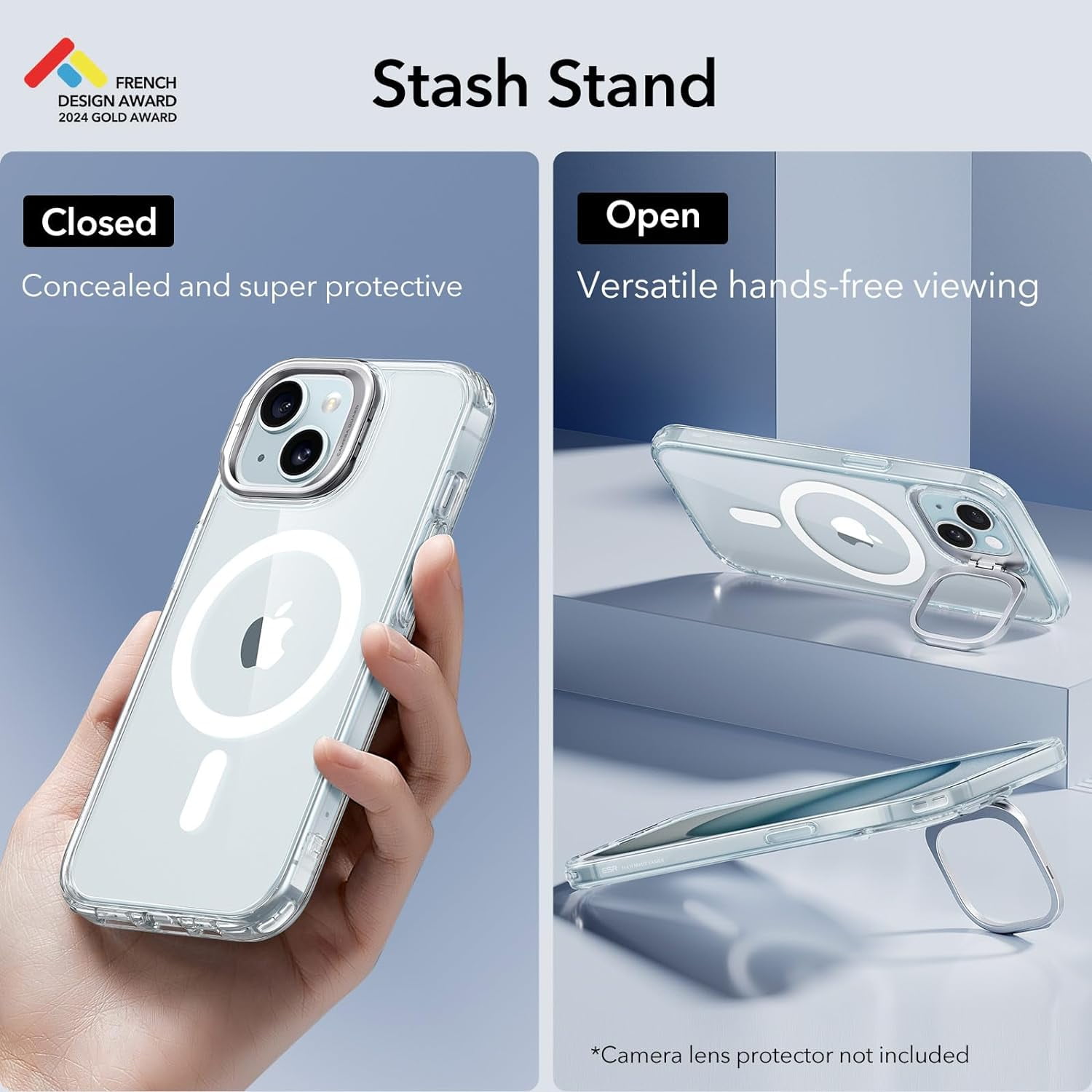 RGHJAR-ESR for iPhone 15 Plus Case, Compatible with MagSafe, Military-Grade Protective Case, Built-in Stash Stand Phone Case, Scratch-Resistant Back Cover, Classic Series, Clear Blue