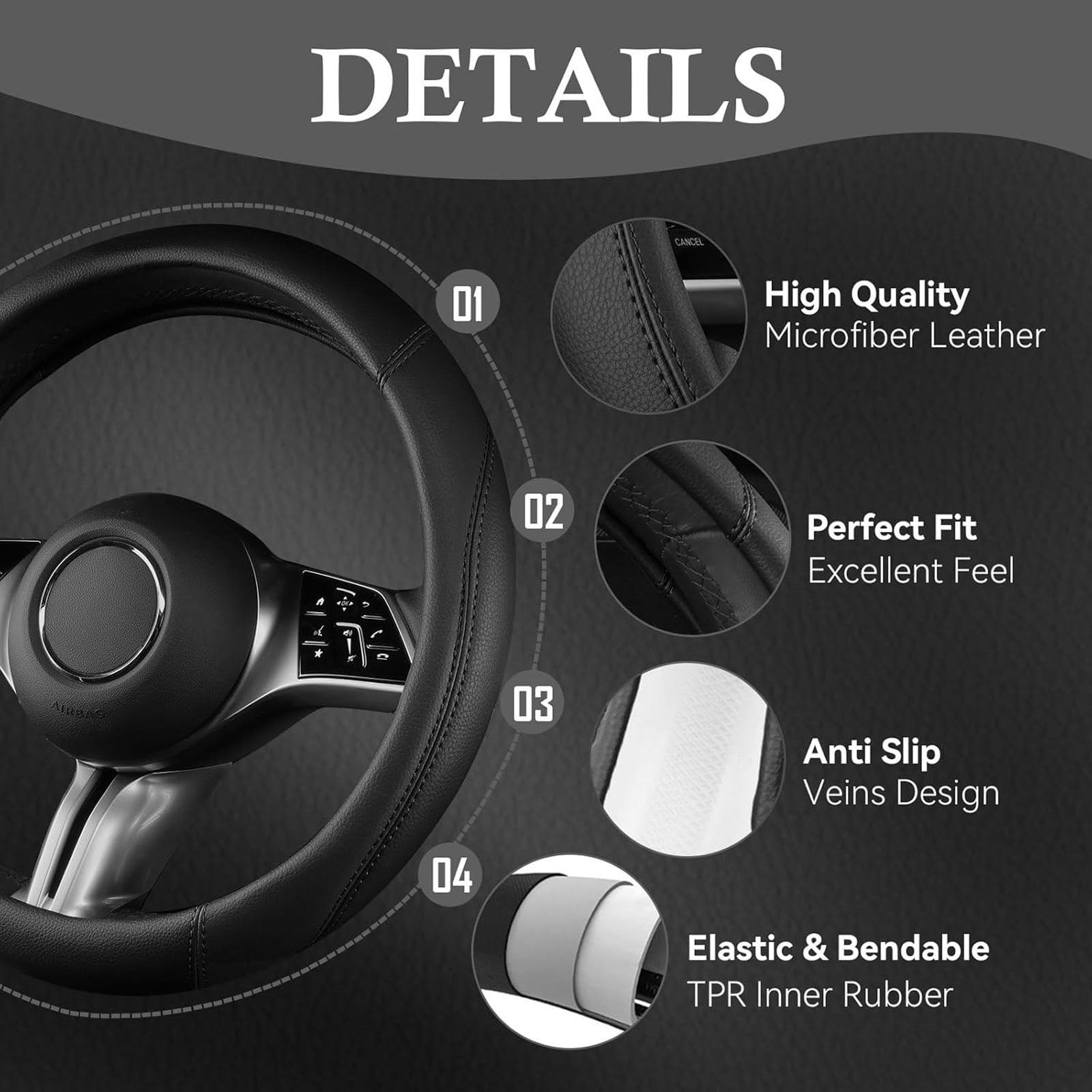 CAR GRAND Faux Leather Car Steering Wheel Cover Combo Pack Car Floor Mats, Universal Fit Waterproof Anti-slip Carpet 14.5-15 Inches Black & Black