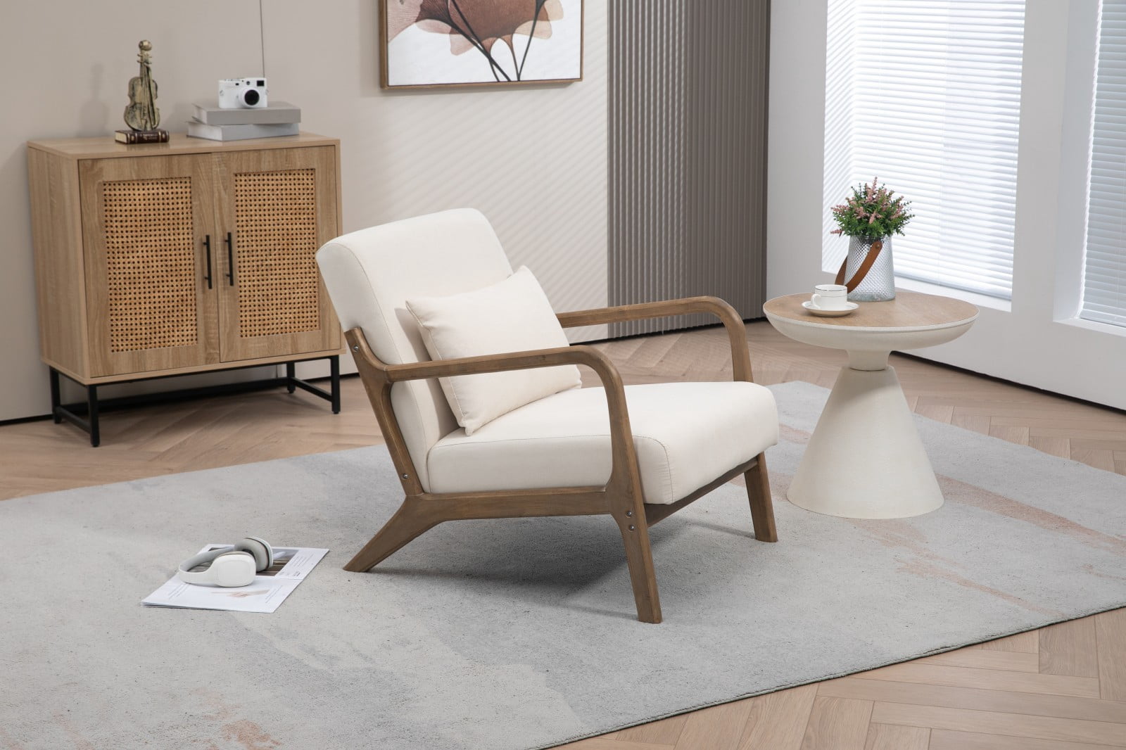 Mid Century Modern Accent Chair Upholstered Living Room Chair with Waist Cushion Wood Frame Reading Armchair for Bedroom Sunroom Indoor Lounge Chair, White
