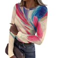 thumbnail image 3 of Womens Shirts Long Sleeve Retro Texture Oil Painting Print Blouses Slim Fit Going Out Tunic Tops Dressy Casual Round Neck Spring Day Tops Pink M, 3 of 6