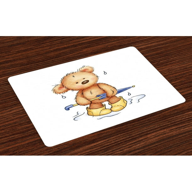 Bear Placemats Set of 4 Teddy Bear Caught up in Rain with Rubber Boots
