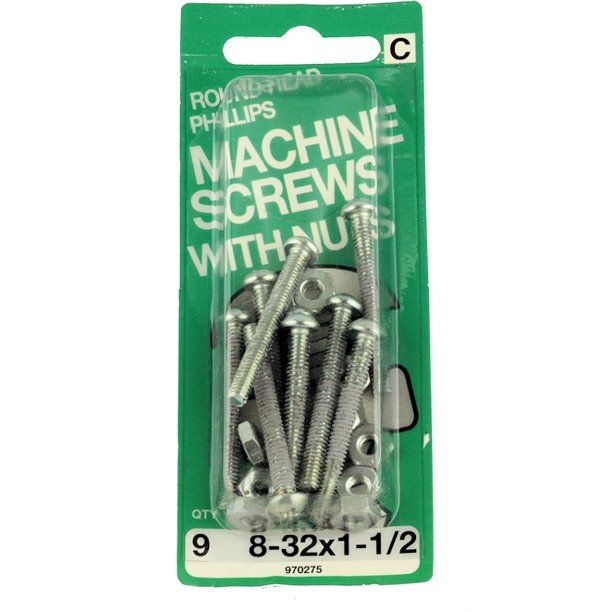 832 x 11/2" Round Head Machine Screws with Nuts 9 Pack